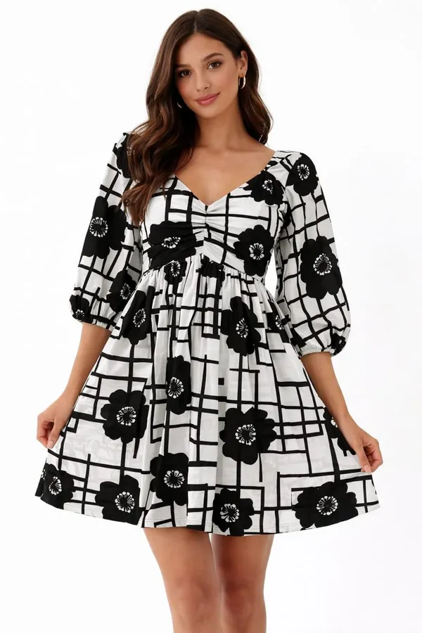 Black_And_White_Floral_Print_A_Line_Dress_With_Puff_Sleeves