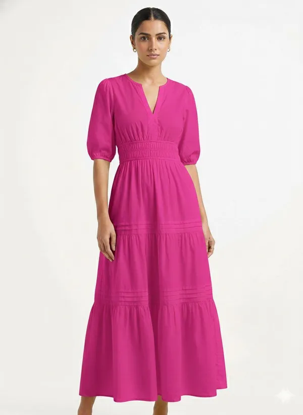 Elegant_Fuchsia_Pink_Tiered_Midi_Dress_With_Smocked_Waist_And_Puff_Sleeves