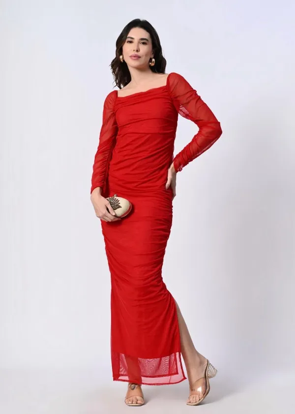 Elegant_Red_Ruched_Bodycon_Maxi_Dress_With_Sheer_Sleeves