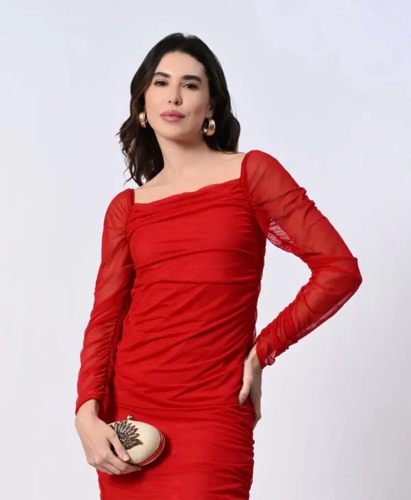 Elegant_Red_Ruched_Bodycon_Maxi_Dress_With_Sheer_Sleeves