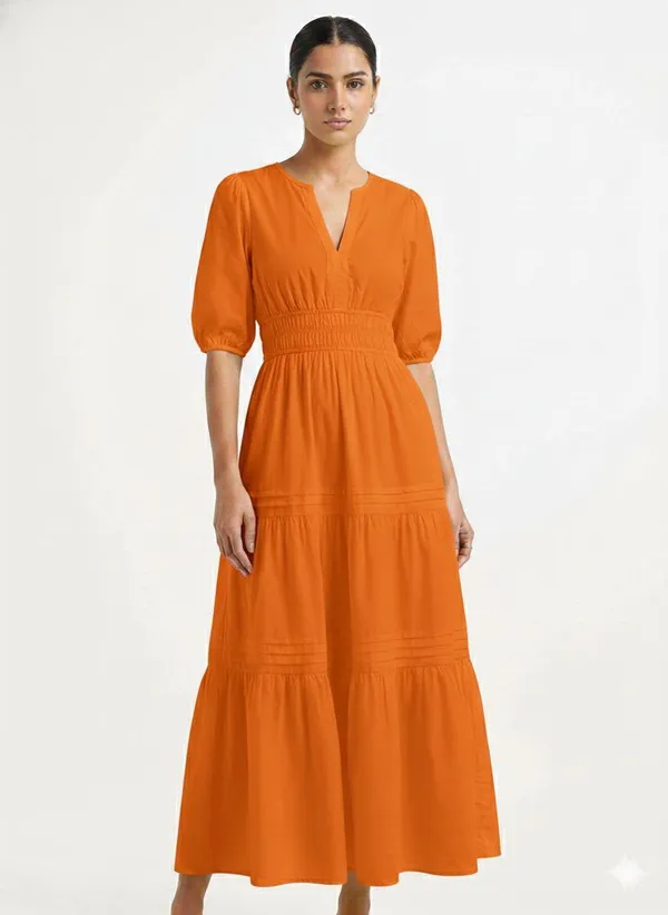 Women_Orange_Smocked_Waist_Tiered_Maxi_Dress_With_Puff_Sleeves
