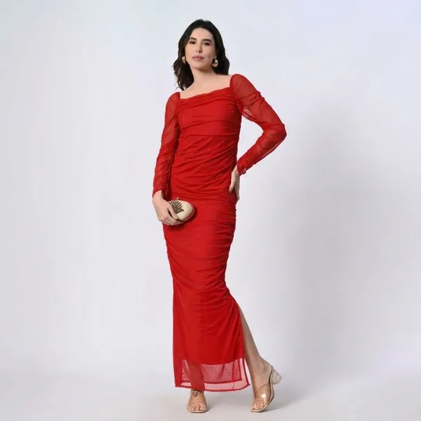 Elegant_Red_Ruched_Bodycon_Maxi_Dress_With_Sheer_Sleeves