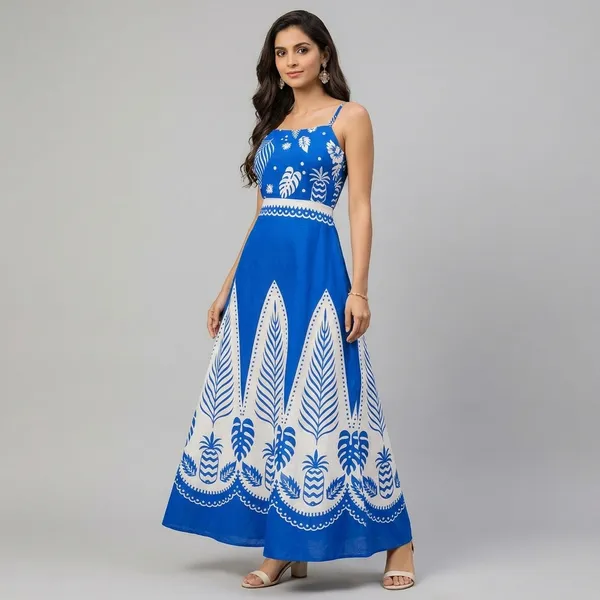 Blue_And_White_Floral_Print_Maxi_Dress_For_Women
