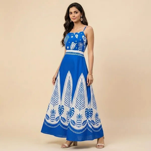 Blue_And_White_Floral_Print_Maxi_Dress_For_Women