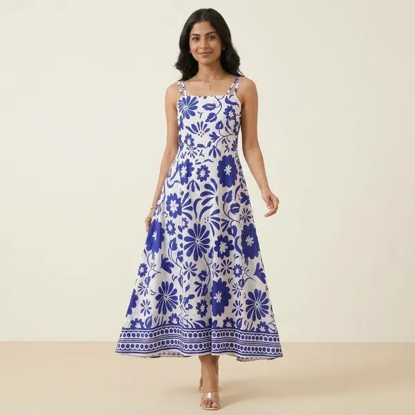Blue_And_White_Floral_Print_Maxi_Dress_For_Women