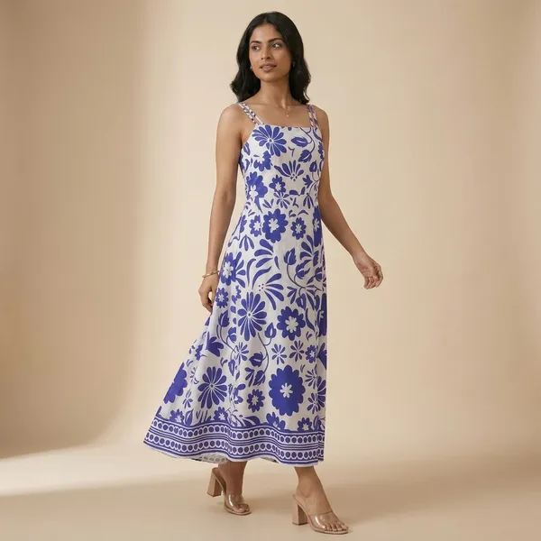 Blue_And_White_Floral_Print_Maxi_Dress_For_Women