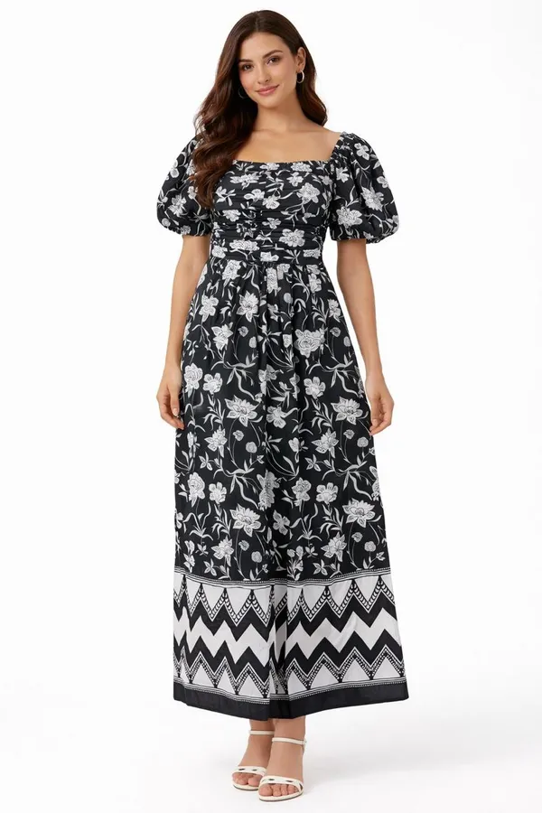 Women_Black_And_White_Floral_Maxi_Dress_With_Puff_Sleeves
