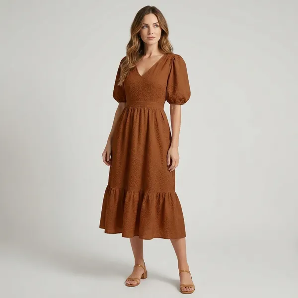 Brown_Puff_Sleeve_V_Neck_Midi_Dress_With_Tiered_Hem