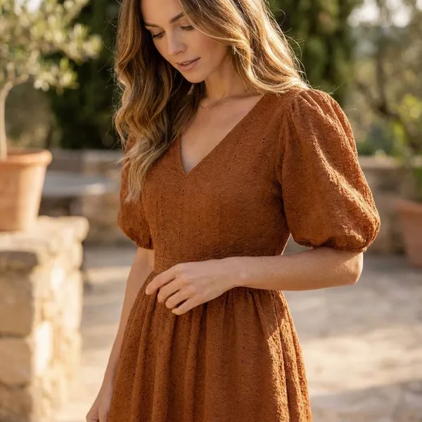 Brown_Puff_Sleeve_V_Neck_Midi_Dress_With_Tiered_Hem