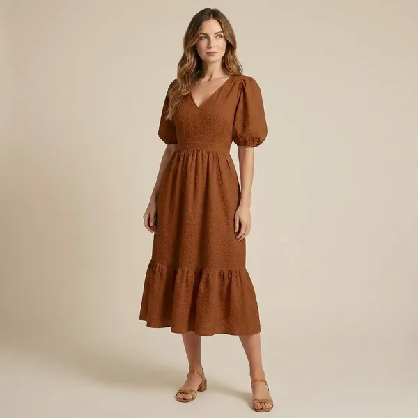 Brown_Puff_Sleeve_V_Neck_Midi_Dress_With_Tiered_Hem