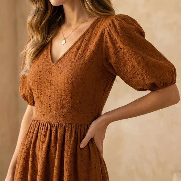 Brown_Puff_Sleeve_V_Neck_Midi_Dress_With_Tiered_Hem