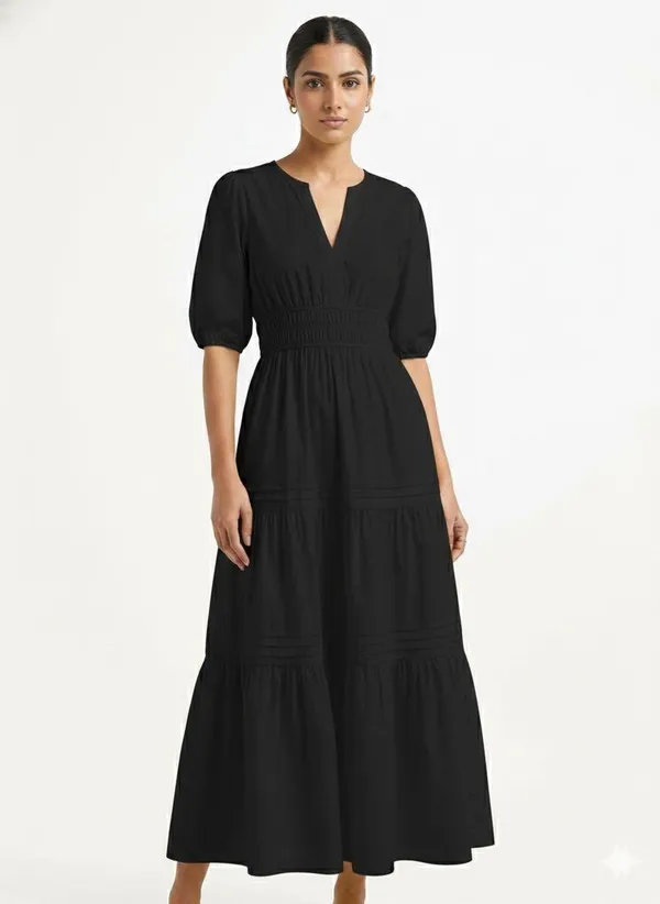 Black_Tiered_Midi_Dress_With_Puff_Sleeves_And_Notch_Neckline