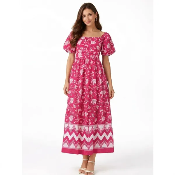 Pink_And_White_Floral_Print_Maxi_Dress_With_Puff_Sleeves_And_Chevron_Border
