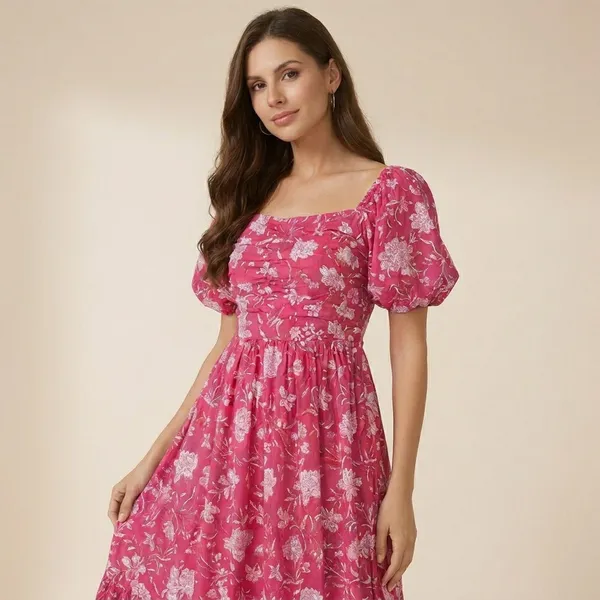 Pink_And_White_Floral_Print_Maxi_Dress_With_Puff_Sleeves_And_Chevron_Border