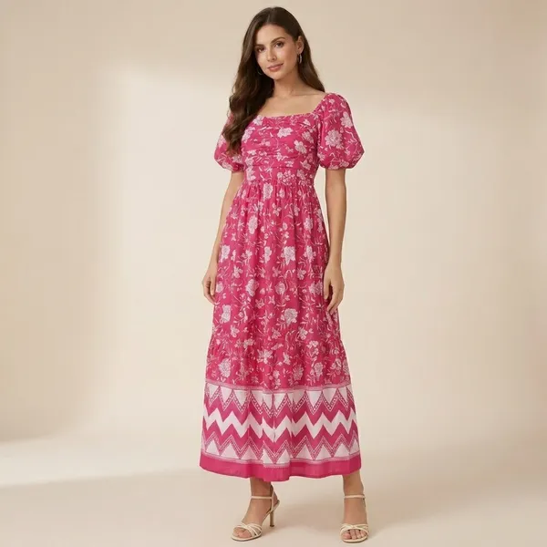 Pink_And_White_Floral_Print_Maxi_Dress_With_Puff_Sleeves_And_Chevron_Border