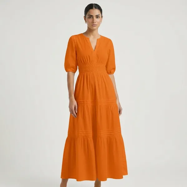 Women_Orange_Smocked_Waist_Tiered_Maxi_Dress_With_Puff_Sleeves