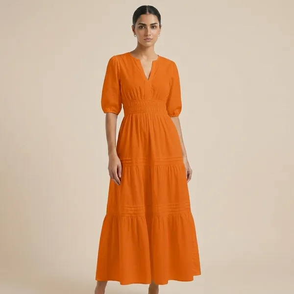 Women_Orange_Smocked_Waist_Tiered_Maxi_Dress_With_Puff_Sleeves