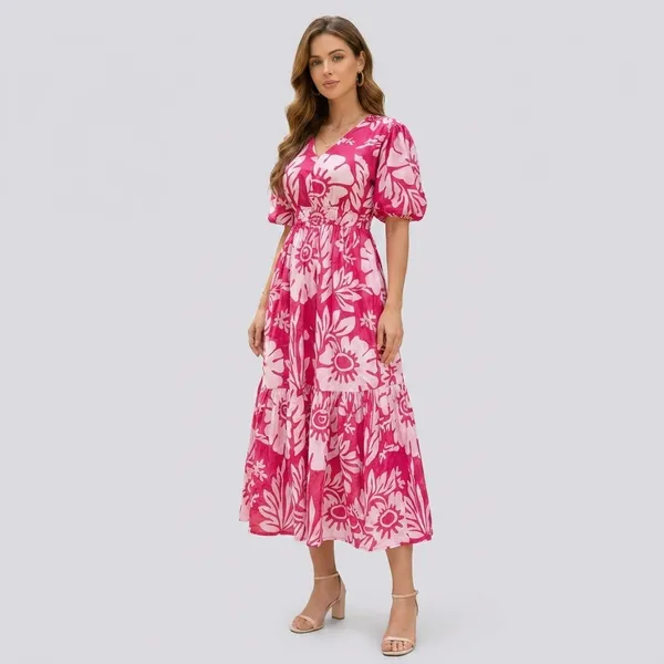 Pink_And_White_Floral_Print_V_Neck_Midi_Dress_With_Puff_Sleeves