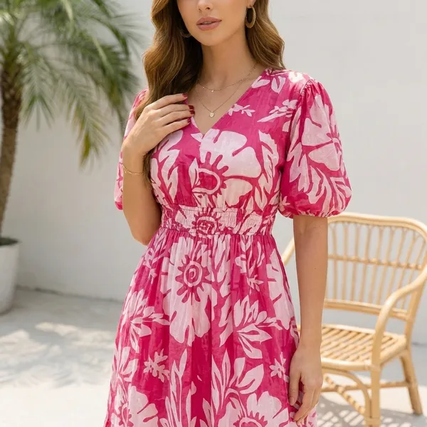 Pink_And_White_Floral_Print_V_Neck_Midi_Dress_With_Puff_Sleeves