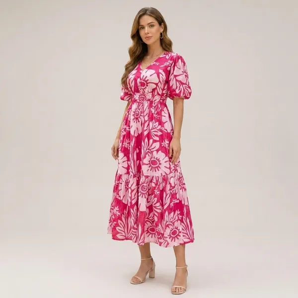 Pink_And_White_Floral_Print_V_Neck_Midi_Dress_With_Puff_Sleeves