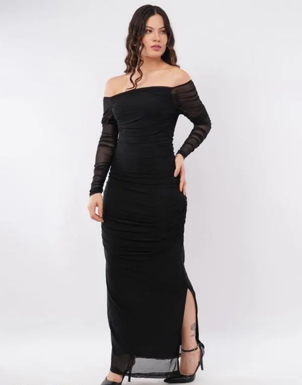 Off_Shoulder_Black_Mesh_Sleeve_Ruched_Bodycon_Maxi_Dress
