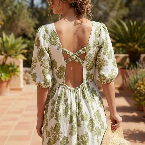 Women_Green_Palm_Leaf_Print_Maxi_Dress_With_Puff_Sleeves