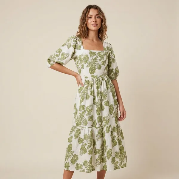 Women_Green_Palm_Leaf_Print_Maxi_Dress_With_Puff_Sleeves