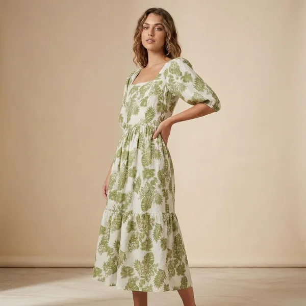 Women_Green_Palm_Leaf_Print_Maxi_Dress_With_Puff_Sleeves