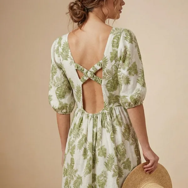 Women_Green_Palm_Leaf_Print_Maxi_Dress_With_Puff_Sleeves