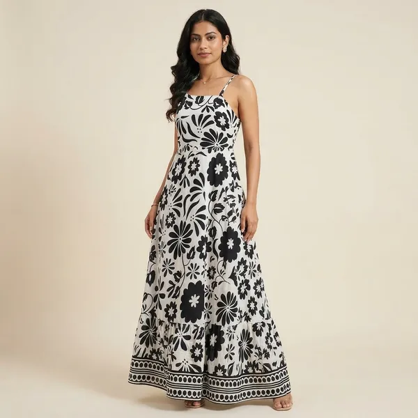 Women_Black_And_White_Floral_Print_Maxi_Dress_With_Spaghetti_Straps