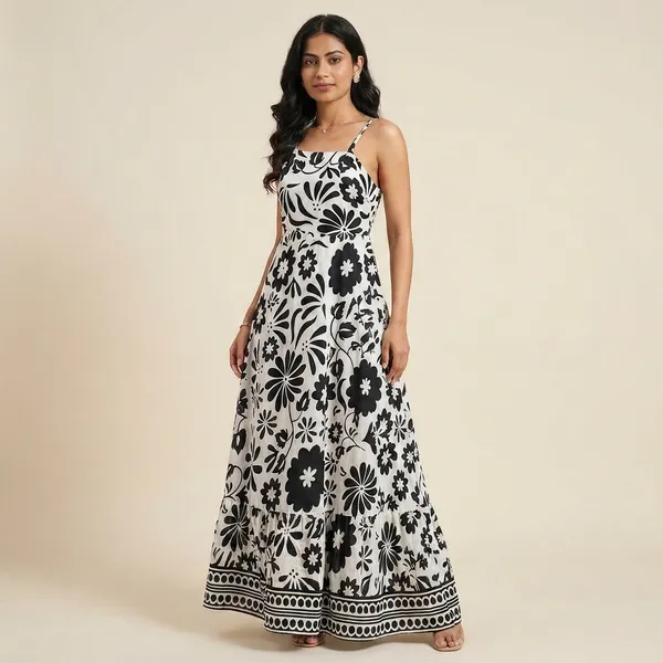 Women_Black_And_White_Floral_Print_Maxi_Dress_With_Spaghetti_Straps