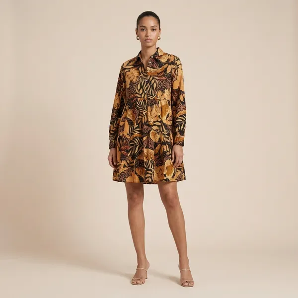 Multicolor_Floral_Print_Long_Sleeve_Dress_With_Collar