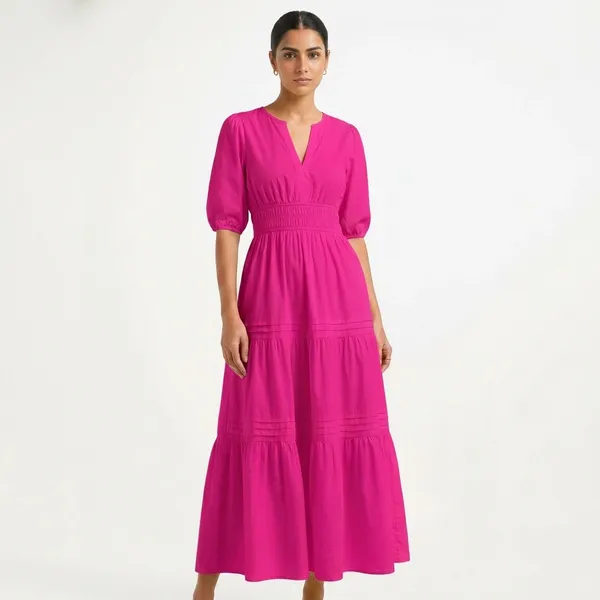 Elegant_Fuchsia_Pink_Tiered_Midi_Dress_With_Smocked_Waist_And_Puff_Sleeves