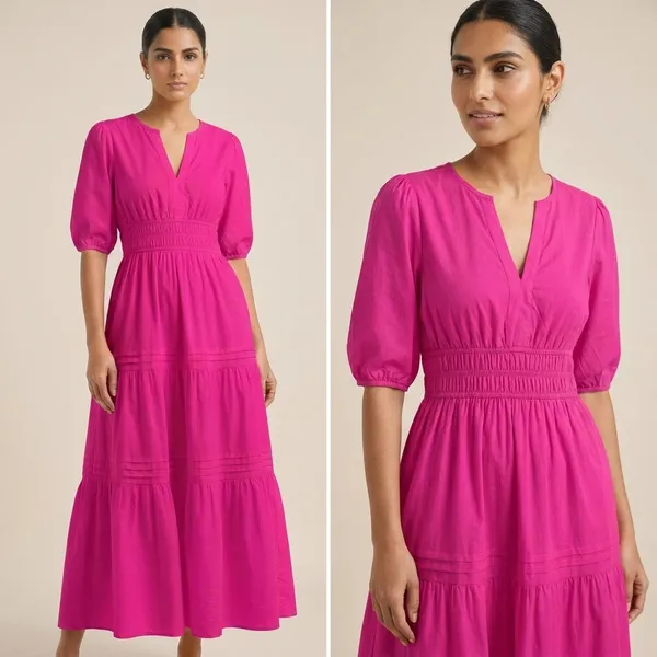 Elegant_Fuchsia_Pink_Tiered_Midi_Dress_With_Smocked_Waist_And_Puff_Sleeves
