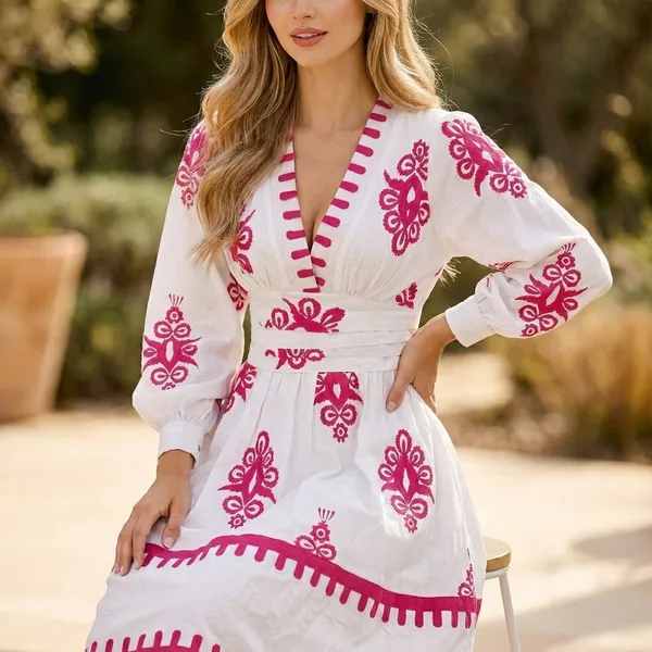 White_And_Pink_Embroidered_Dress_With_Pom_Pom_Trim