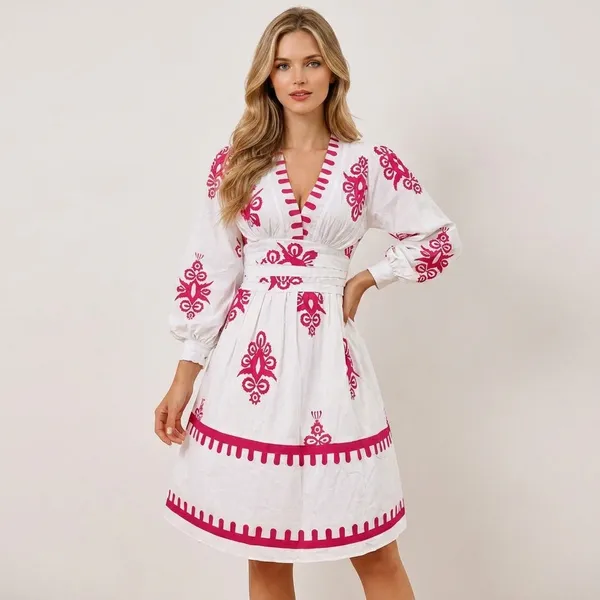 White_And_Pink_Embroidered_Dress_With_Pom_Pom_Trim