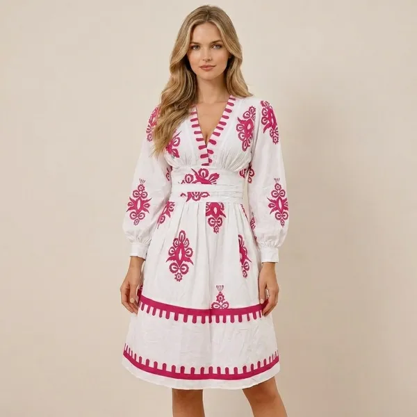 White_And_Pink_Embroidered_Dress_With_Pom_Pom_Trim