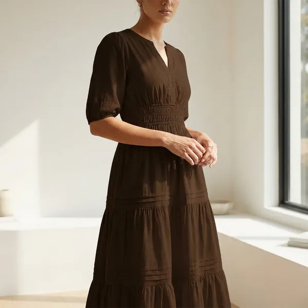 Women_Brown_Tiered_Midi_Dress_With_Puff_Sleeves