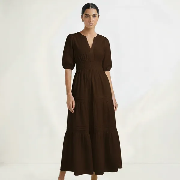 Women_Brown_Tiered_Midi_Dress_With_Puff_Sleeves