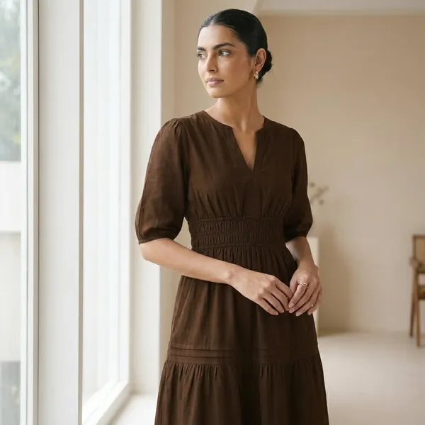 Women_Brown_Tiered_Midi_Dress_With_Puff_Sleeves