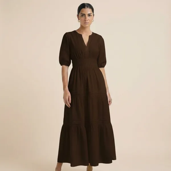 Women_Brown_Tiered_Midi_Dress_With_Puff_Sleeves