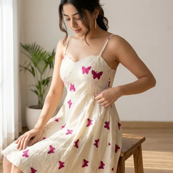 White_And_Butterfly_Print_Fit_And_Flare_Dress_With_Spaghetti_Straps