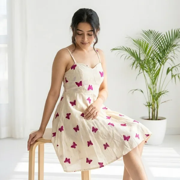 White_And_Butterfly_Print_Fit_And_Flare_Dress_With_Spaghetti_Straps