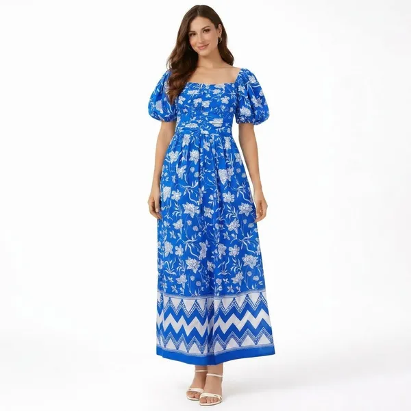 Blue_Floral_Print_Puff_Sleeve_Maxi_Dress_With_Chevron_Border