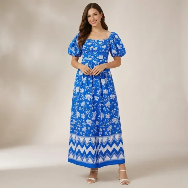 Blue_Floral_Print_Puff_Sleeve_Maxi_Dress_With_Chevron_Border