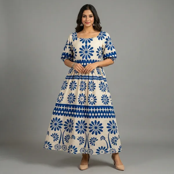 Blue_And_White_Floral_Printed_Maxi_Dress_With_Puff_Sleeves