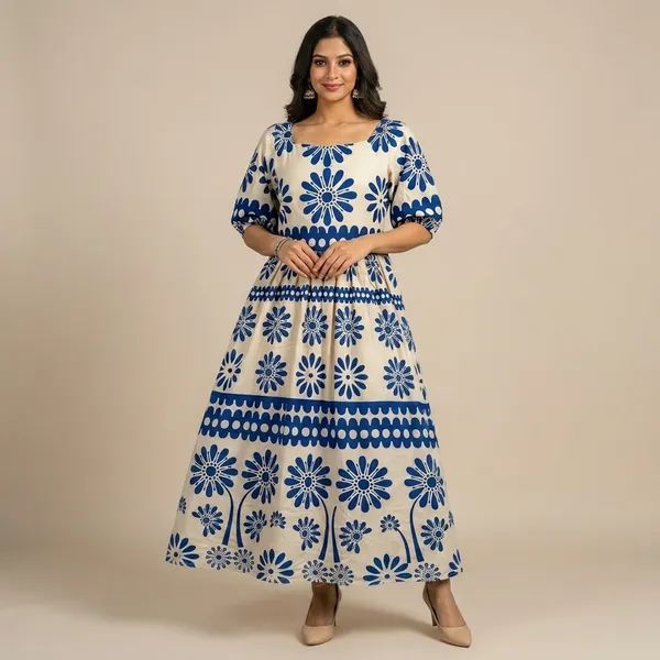 Blue_And_White_Floral_Printed_Maxi_Dress_With_Puff_Sleeves