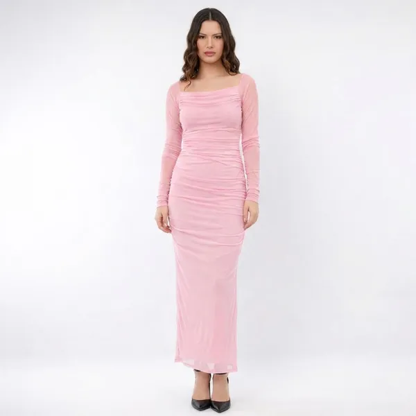 Women_Pink_Off_Shoulder_Ruched_Bodycon_Maxi_Dress_With_Side_Slit