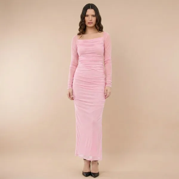 Women_Pink_Off_Shoulder_Ruched_Bodycon_Maxi_Dress_With_Side_Slit
