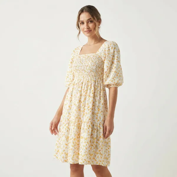 Beige_And_Yellow_Floral_Smocked_Midi_Dress_With_Puff_Sleeves